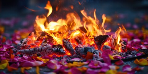 Pile of burning wood and ashes