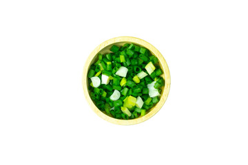 Spring Onion or Green Onion, chopped in wooden bowl, isolated on white background with clipping path top view flat lay
