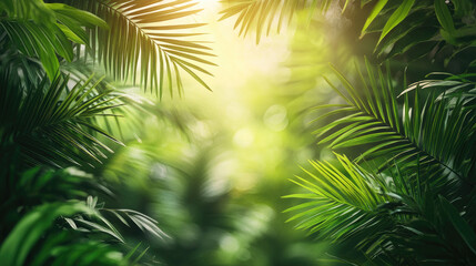 Obraz premium A vibrant Palm Sunday greeting banner template featuring lush tropical leaves and warm sunlight filtering through. Perfect for Christian holiday . Banner. Copy space