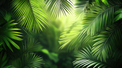 A vibrant Palm Sunday greeting banner template featuring lush tropical leaves and warm sunlight filtering through. Perfect for Christian holiday . Banner. Copy space
