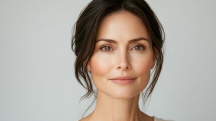 Naklejka premium studio portrait of beautiful caucasian woman brown hair model 40-45 years old, concept skin care, white background, copyspace