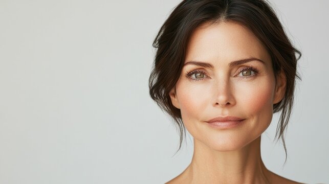 studio portrait of beautiful caucasian woman brown hair model 40-45 years old, concept skin care, white background, copyspace