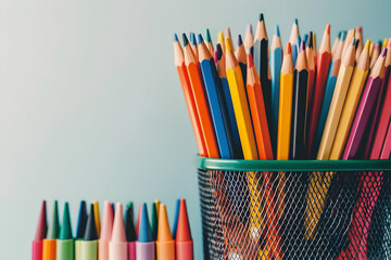 Fototapeta premium Colorful pencils and crayons in a mesh container against a pale blue background, perfect for education, art, and creativity themes.