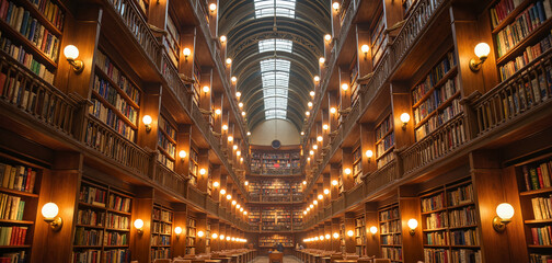 Majestic library interior showcasing endless rows of books and warm lighting