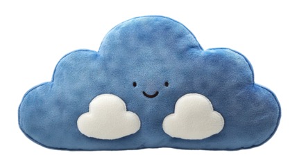 Soft blue cloud-shaped plush pillow with cute smile, isolated on transparent cutout background