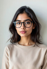 Fototapeta premium Portrait of a confident young Indian woman in glasses, wearing a beige top.