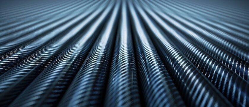Close-up of carbon fiber textured metal rods arranged in parallel lines.