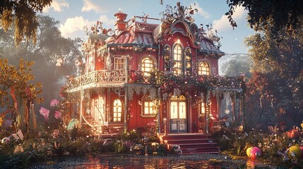 A quaint cottage adorned with greenery sits amid vibrant autumn leaves radiating warmth as evening descends in a serene forest setting
