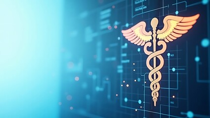 Glowing Caduceus Symbol in Blueprint Design for Futuristic Medical Innovation