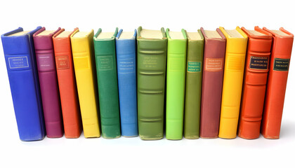 Naklejka premium Colorful row of vintage hardcover books, spines visible, s partially visible, isolated on white background. Ideal for education, literature, reading concepts.