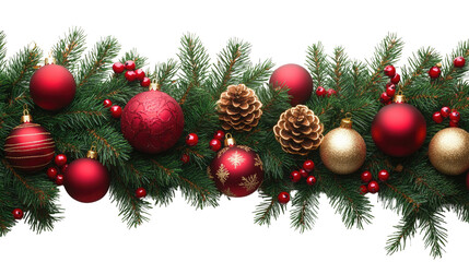 Fototapeta premium Festive Garland: A vibrant garland adorned with red and gold ornaments, pinecones, and berries, symbolizing the joy and anticipation of the holiday season. 