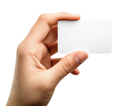 Human hand presenting a blank card, isolated on transparent cutout background
