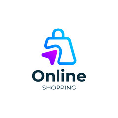 Modern online shopping logo - shopping bag and cursor vector design