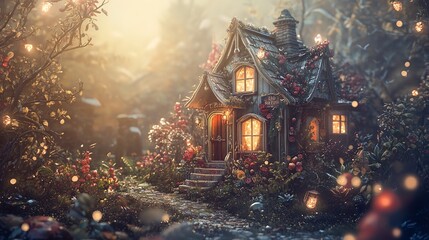 Obraz premium A quaint cottage adorned with greenery sits amid vibrant autumn leaves radiating warmth as evening descends in a serene forest setting 