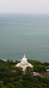 Japanese Peace Pagoda view from above. Buddhist temple near Unawatuna in Sri Lanka