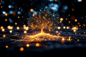 Fototapeta premium Tree with roots forming a network of connections, symbolizing unity, growth, community, and interdependence in nature and society