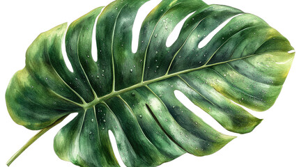 Fototapeta premium Monstera Leaf's natural elegance: A close-up of a vibrant green Monstera leaf, showcasing its iconic split leaves and capturing its natural beauty and the details of its surface.