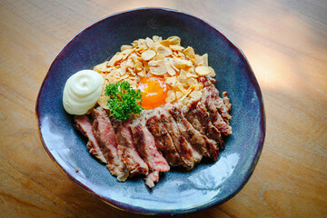 Grilled Beef Rice Topped with Pickled Egg Yolk