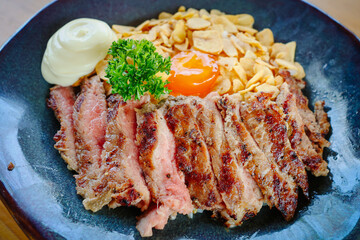 Grilled Beef Rice Topped with Pickled Egg Yolk