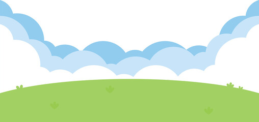 An illustration of a blue sky with white clouds over a lush green garden landscape bottom border.