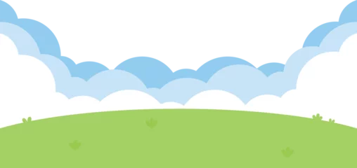 Fotobehang Boerderij An illustration of a blue sky with white clouds over a lush green garden landscape bottom border.  © K Ching Ching