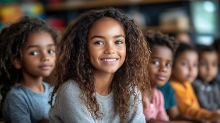 Diverse group of elementary school children sitting in a classroom smiling as they interact with their teacher The teacher is a woman full of joy and motivation guiding her students with care