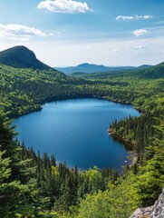 Fototapeta premium Landscape with clear blue lake, surrounded by forest and mountains.