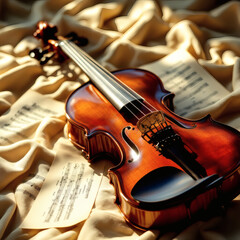Fototapeta premium A polished mahogany violin glows under warm sunlight, resting on luxurious cream velvet with scattered sheet music. Perfect for music-themed designs.