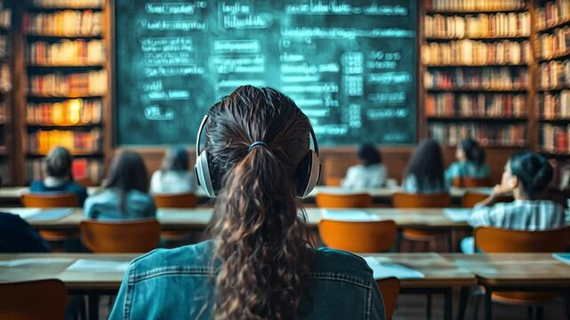 Education in a Book-Lined Classroom: A focused student in headphones sits in a book-lined classroom, a scene of studious learning illuminated by soft light.