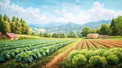 Naklejka premium A scenic farm landscape featuring lush green fields, rows of crops, distant mountains, and a clear blue sky.
