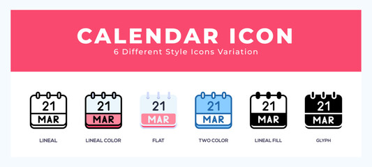 Calendar march icon set with different styles. Design elements for logo. Vector illustration.