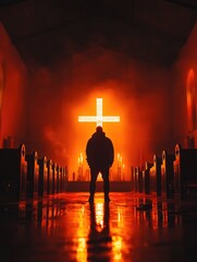 A haunting scene set in a dimly lit church, featuring an inverted cross as the focal point, evoking themes of evil and darkness.