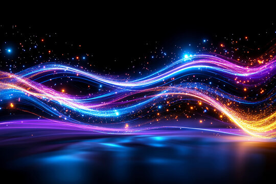 Quantum light trails flowing in undulating waves, creating intricate, pulsating patterns of energy against a dark starry backdrop, abstract concept of motion and light