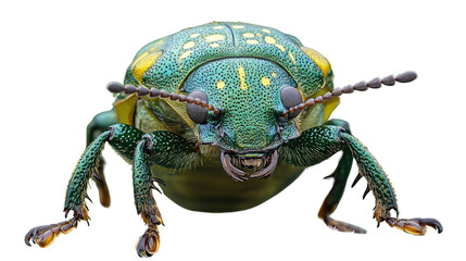 Naklejka premium Emerald Beetle Macro: A stunning macro shot reveals the intricate beauty of a vibrant emerald beetle, showcasing its detailed exoskeleton, piercing eyes, and delicate antennae.