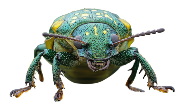 Emerald Beetle Macro: A stunning macro shot reveals the intricate beauty of a vibrant emerald beetle, showcasing its detailed exoskeleton, piercing eyes, and delicate antennae.