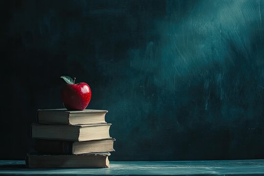 Red apple atop books, classroom background, education