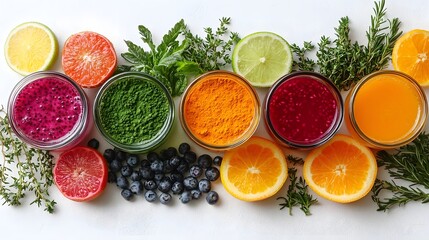 Vibrant Superfood Powders in Glass Bowls with Fresh Fruits and Herbs on Clean White Background