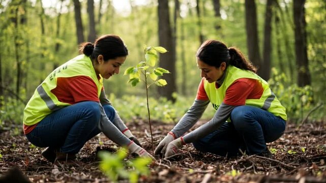Two Women Planting Tree Together in Forest Conservation Effort