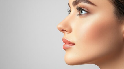 Obraz premium Young pretty girl with naturarl makeup on beige background. Skin care concept