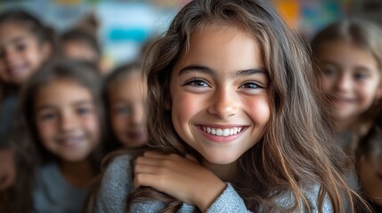 Obraz premium Happy group of school children hugging their female tutor thanking her for her dedication while sitting in a modern classroom full of technology and educational tools