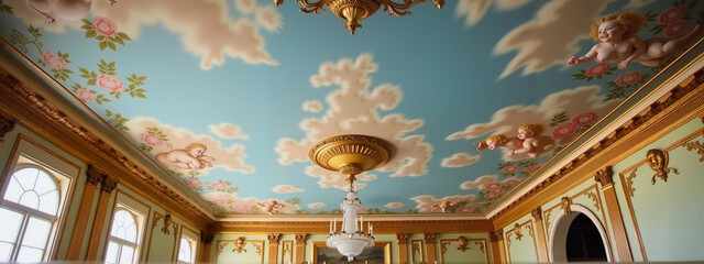 Elegant gold-trimmed pastel ceiling fresco in bright room, serenity