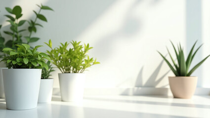 Fototapeta premium several indoor plants in white pots standing on a light surface.