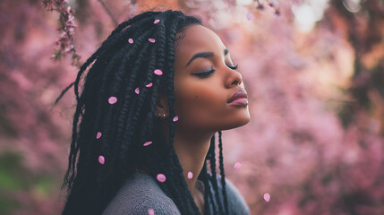 A woman sitting under cherry blossoms as petals fall onto her dark, thick braids, soft pastel hues creating a poetic contrast,romantic and serene outdoor portrait