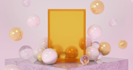 3D gold colored open plastic box product banner template with floating gold and white balloons, glass beads, in pink interior.  Advertising mockup with front view of case on top of marble platform. 