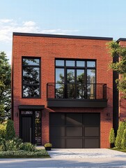 Modern Brick Townhouse: A contemporary townhouse boasts a sleek design with red brick facade, large windows, and a modern garage door. The landscaping is simple yet elegant. 