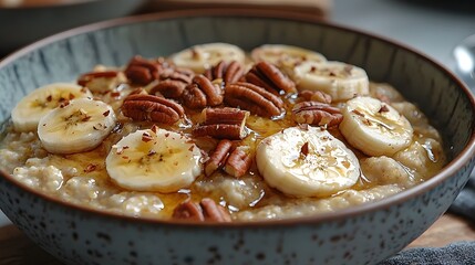 Comforting Healthy Breakfast Bowl with Caramelized Bananas Pecans and Maple Syrup