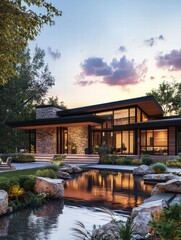 Obraz premium Modern House by Water: A stunning contemporary house with large windows and stone facade is nestled by a tranquil pond, creating a serene and sophisticated ambiance at sunset.