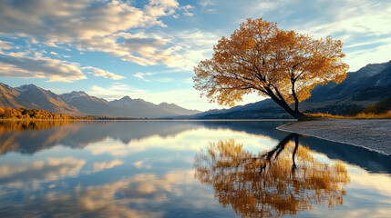 Obraz premium serene autumn landscape with tree reflecting in calm water