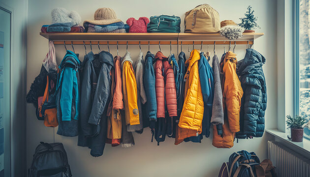 Colorful winter coats and jackets hanging neatly on a rack, along with bags and hats on a shelf above. Perfect for organization, seasonal change, or home decor themes.