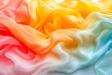 Obraz premium Abstract image of vibrant, flowing silk fabric in a rainbow ombre gradient of red, orange, yellow, and blue. Perfect for design projects and backgrounds.
